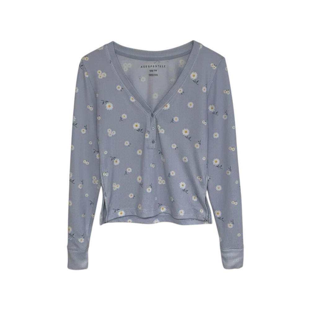Aeropostale Cardigan‎ Sweater Women’s XS Light Blue Daisy V-Neck Pullover